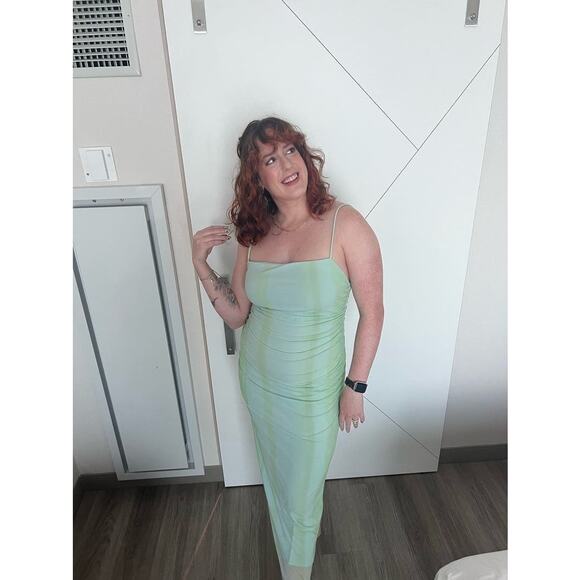 SIGNIFICANT OTHER Green Striped Mesh Square Neck Bodycon Verona Dress Size US 6 - Picture 3 of 14